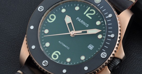 Parnis 43mm green dial Automatic stainless steel date sapphire glass mens Watch