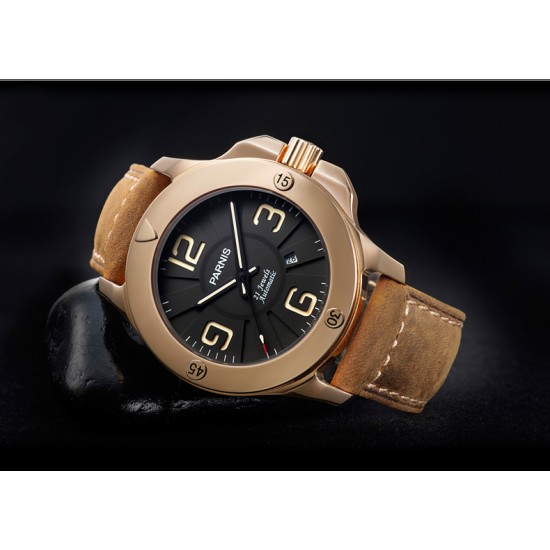 Parnis 47mm Black Dial Sapphire Glass Miyota Automatic Men s Military Watch Luminous Marker Rose Gold Case