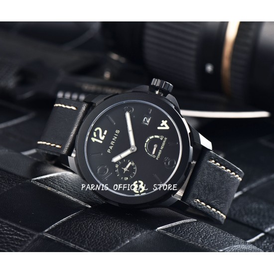 Parnis 44mm Black Dial Sapphire Glass Power Reserve Automatic Movement Men Mechanical Watch PVD Case