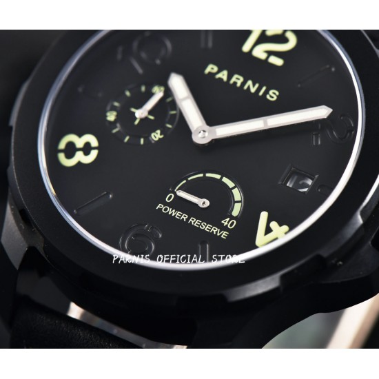 Parnis 44mm Black Dial Sapphire Glass Power Reserve Automatic Movement Men Mechanical Watch PVD Case