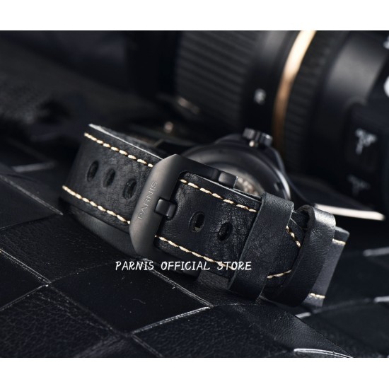 Parnis 44mm Black Dial Sapphire Glass Power Reserve Automatic Movement Men Mechanical Watch PVD Case