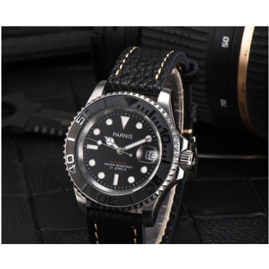 Parnis 41mm Black Dial Sapphire Miyota Automatic Men Casual Watch Rotating Bezel Luminous Marker