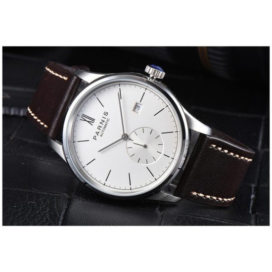 Parnis 41.5mm White Dial Automatic Movement Men's Casual Mechanical Watch Small Second  Leather Strap