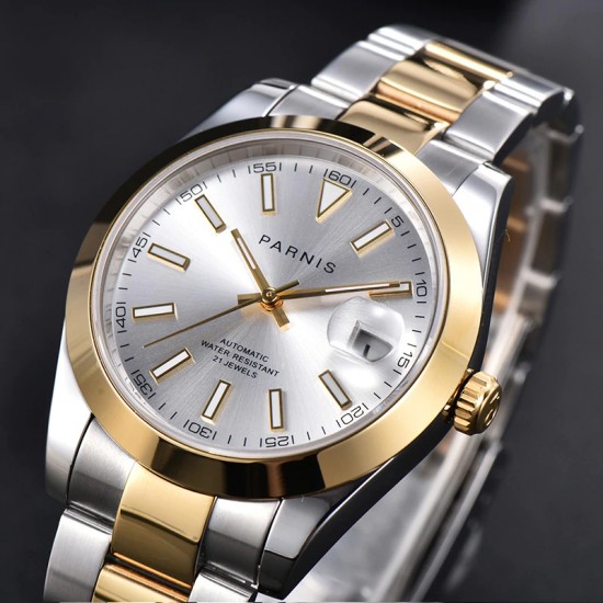 Parnis 39.5mm Silver Dial 2 Tone Gold Miyota 8215 Movement Automatic Mechanical Men's Watches