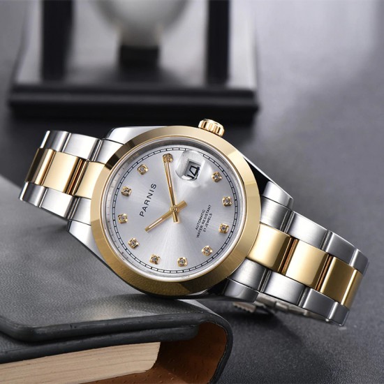 Parnis 39.5mm Silver Dial 2 Tone Gold Miyota 8215 Movement Automatic Mechanical Men's Watches