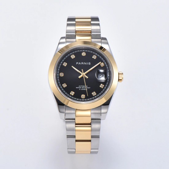 Parnis 39.5mm Black Dial 2 Tone Gold Miyota 8215 Movement Automatic Mechanical Men's Watches