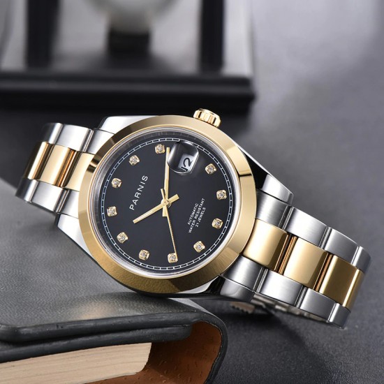 Parnis 39.5mm Black Dial 2 Tone Gold Miyota 8215 Movement Automatic Mechanical Men's Watches