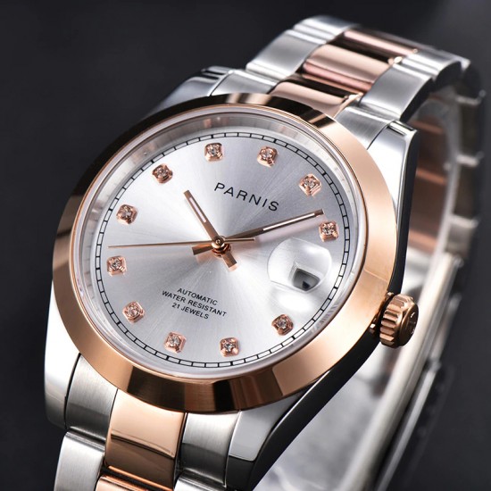 Parnis 39.5mm Silver Dial 2 Tone Rose Gold Miyota 8215 Movement Automatic Mechanical Men's Watches