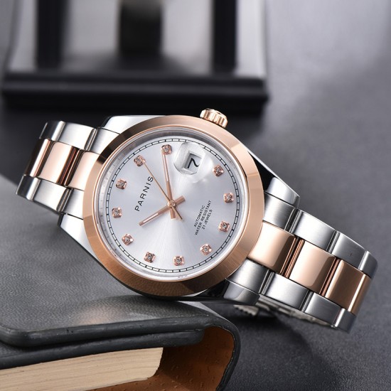 Parnis 39.5mm Silver Dial 2 Tone Rose Gold Miyota 8215 Movement Automatic Mechanical Men's Watches