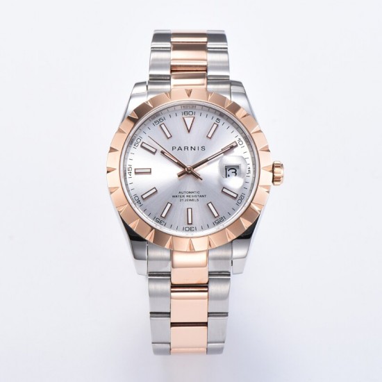 Parnis 39.5mm Silver Dial 2 Tone Rose Gold Automatic Mechanical Mens Watch Silver Stainless Steel Bracelet