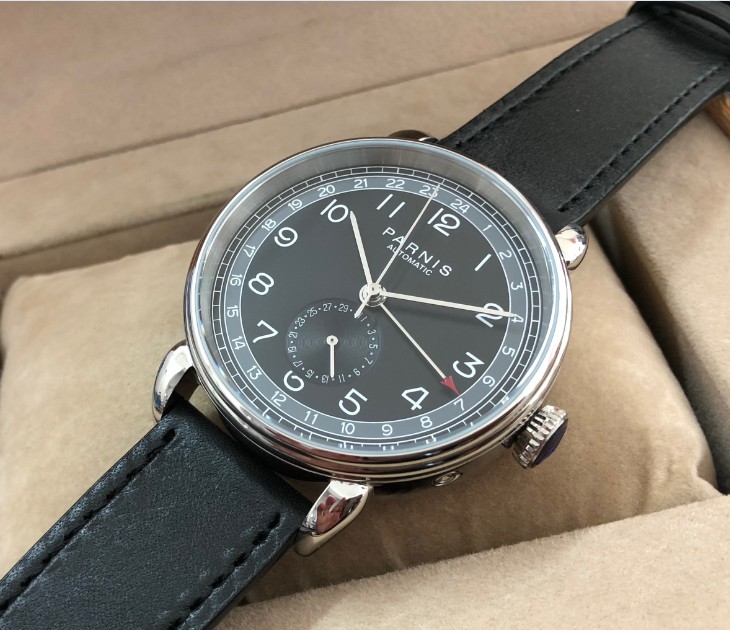 Parnis 42mm Black dial GMT Automatic Arab mark date window Men Watch leather strap