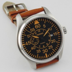 Parnis 44mm Black Dial Orange Numbers Miyota Automatic Sapphire Mens Stainless steel Watch